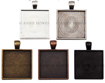 1" Square Bezel pendant settings blanks for Photo Jewelry Making. Silver, Copper, Bronze, and Black Options. 25mm or 1". 50 Pack.