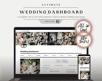 May include: A laptop computer screen displaying a wedding planning dashboard with the text "Wedding Dashboard" and "Notion" on the screen. The laptop is on a white surface. A smartphone with a similar screen is next to the laptop. The text "All in One!" and "60+ tasks!" is in pink circles on the right side of the image.