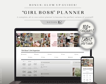 Può includere: Un laptop e uno smartphone mostrano un pianificatore digitale intitolato "Girl Boss" con il testo "100+ sezioni!" e "Ultima versione". Il pianificatore include sezioni per produttività, nutrizione e finanza.