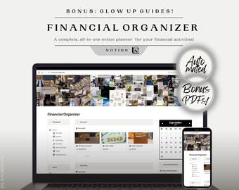 May include: A laptop and smartphone display a financial organizer interface. The laptop screen shows a detailed financial dashboard with various sections. The smartphone displays the same interface. Text on the screen includes "Financial Organizer" and "Bonus PDFs!"