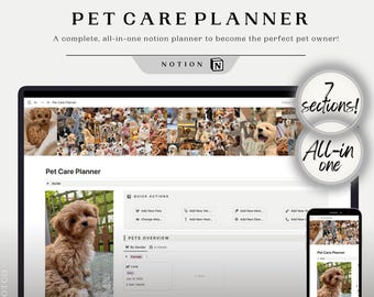 Planificador completo de cuidados para mascotas / Plantilla de Notion para alimentación, salud, medicamentos / Manejo sencillo de mascotas / Gatos, perros, cachorros, reptiles, pájaros