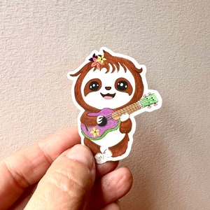 Adorable Baby Sloth Ukulele Matte Vinyl Sticker, Sloth Sticker decal, Ukulele Music Lover image 3