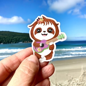 Adorable Baby Sloth Ukulele Matte Vinyl Sticker, Sloth Sticker decal, Ukulele Music Lover Bild 1