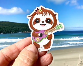 Adorable Baby Sloth Ukulele Matte Vinyl Sticker, Sloth Sticker decal, Ukulele Music Lover