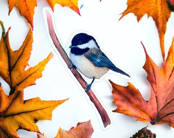 WIldlife Vibes: Watercolor Black Capped Chickadee on a Branch Sticker, Bird Lovers Gifts, Gifts Under 10