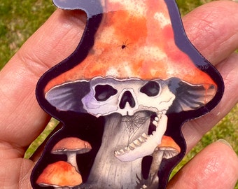 Creepy Mushroom Skull Vinyl Laminate Sticker Decal, Weatherproof Vinly Sticker, Halloween Lovers