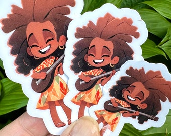 Cute Black Girl Playing Ukulele | Colorful Music Decal, Cute Holographic Sticker, Die-Cut Sticker, Ukulele Decals