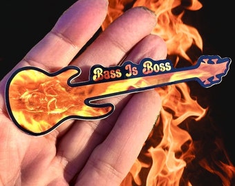 Flaming Skull Bass Guitar Rock and Roll Sticker, Musician Gift Sticker, Weatherproof Vinyl Decal,