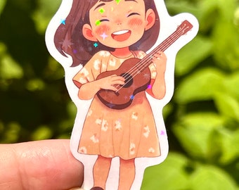 Cute Young Girl Playing Ukulele | Colorful Music Decal, Cute Holographic Sticker, Die-Cut Sticker, Ukulele Decals