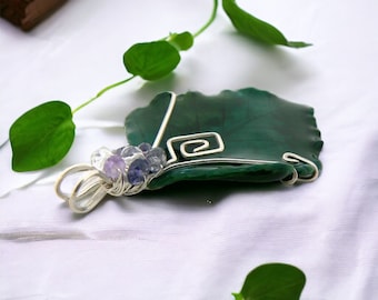 Artisan SS Leaf Pendant w/ Iolite, Amethyst, Rock Crystal Gemstone Cluster,Birch Leaf Jewelry