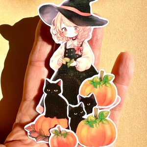 6 Pack Garden Witch Stickers, Black Cat, Pumpkins, Laminated Set