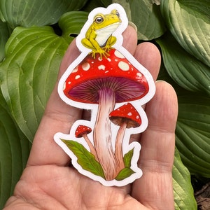 Cute Frog on a Toadstool Mushroom Vinyl Sticker, Holographic Options, Froggy Decal, Amphibian Lovers, Mushroom Lovers, Waterproof image 1