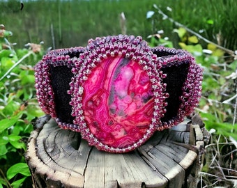 Boho Chic Pink Lace Agate Beaded Cuff Bracelet, Summer Jewelry