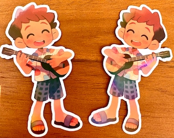 Cute Young Boy Playing Ukulele | Colorful Music Decal, Cute Holographic Sticker, Die-Cut Sticker, Ukulele Decals