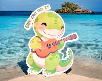 Adorable Dinosaur Ukulele Vinyl Sticker, Ukulele Stickers, Ukulele Gift, Ukulele Art, Paleontology Decals, Free Shipping