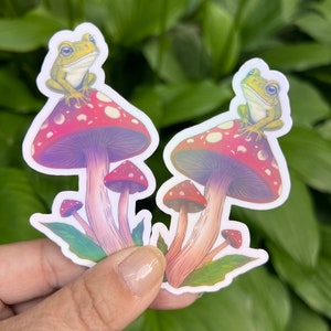 Cute Frog on a Toadstool Mushroom Vinyl Sticker, Holographic Options, Froggy Decal, Amphibian Lovers, Mushroom Lovers, Waterproof image 5