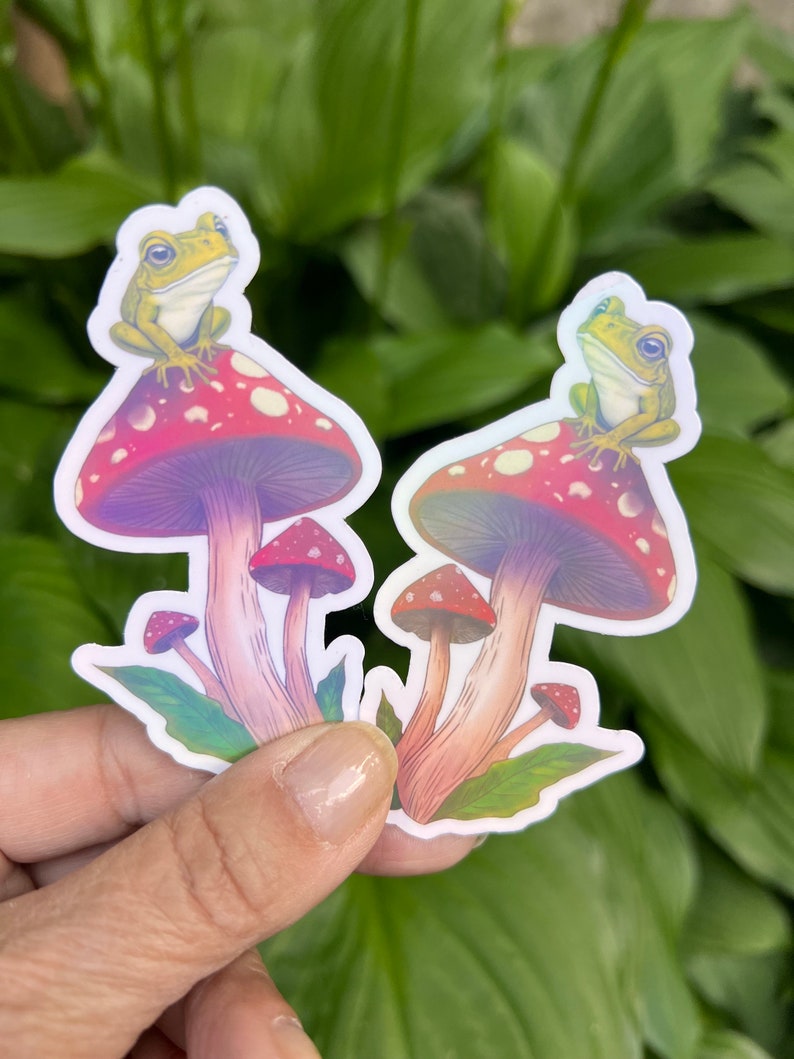 Cute Frog on a Toadstool Mushroom Vinyl Sticker, Holographic Options, Froggy Decal, Amphibian Lovers, Mushroom Lovers, Waterproof image 5