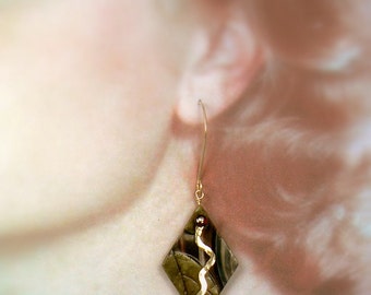 Abstract Nature-Inspired Earrings w Faux Stone Pattern, AAA Tourmaline Gems, 14KT Gold