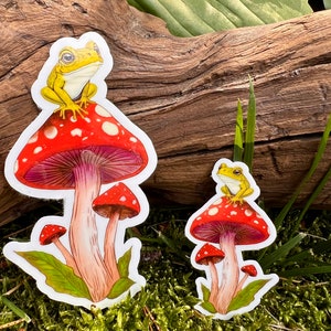 Cute Frog on a Toadstool Mushroom Vinyl Sticker, Holographic Options, Froggy Decal, Amphibian Lovers, Mushroom Lovers, Waterproof image 2