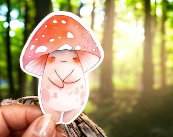 Cute Joyful Mushroom Vinyl Sticker, Glossy or  Holographic Sticker, Mushroom Lovers