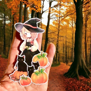 6 Pack Garden Witch Stickers, Black Cat, Pumpkins, Laminated Set