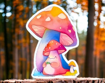 Cute Leaf Mushroom Vinyl Sticker, Glossy or Holographic Sticker, Mushroom Lovers, Waterproof Decals