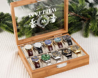 Gepersonaliseerde houten horlogedoos, cadeau voor mannen, gegraveerde horlogehouder, verjaardagscadeau voor hem, valentijnscadeau, cadeau vriendje, jubileumcadeau