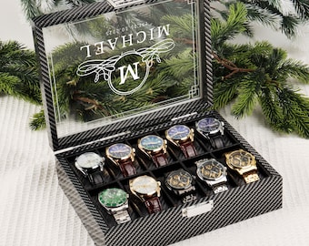 Gepersonaliseerde zwarte horlogedoos, gegraveerde horlogehouder, verjaardagscadeau voor hem, vaderdagcadeau, cadeau vriendje, jubileumcadeau voor echtgenoot