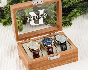 Gepersonaliseerde houten horlogedoos, cadeau voor mannen, gegraveerde horlogehouder, verjaardagscadeau voor hem, valentijnscadeau, cadeau vriendje, jubileumcadeau