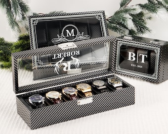 Gepersonaliseerde zwarte horlogedoos, gegraveerde horlogehouder, verjaardagscadeau voor hem, vaderdagcadeau, cadeau vriendje, jubileumcadeau voor echtgenoot