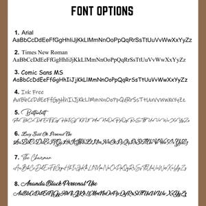 May include: A white paper displays font options with the title "FONT OPTIONS" at the top. The image showcases eight different font styles, each with a sample of the alphabet. The fonts include Arial, Times New Roman, Comic Sans MS, Ink Free, Betterlett, Lucy Said Ok Personal Use, The Chairman, and Ananda Black Personal Use.