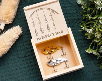 Custom Fishing Lure with Wooden Box, Personalized Fish Hook Bait Set, Gift for Dad, Father’s Day Fishing Gift, Engraved Keepsake for Dad