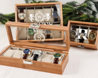 Gepersonaliseerde houten horlogedoos, cadeau voor mannen, gegraveerde horlogehouder, verjaardagscadeau voor hem, valentijnscadeau, cadeau vriendje, jubileumcadeau