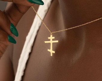 Gold Delicate Orthodox Cross Necklace: Three Bar Cross Necklace, Christian Baptism Jewelry, Russian Orthodox Cross Pendant
