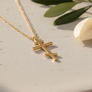 14K Gold Delicate Orthodox Cross Necklace: Three Bar Cross Necklace, Christian Baptism Jewelry, Russian Orthodox Cross Pendant