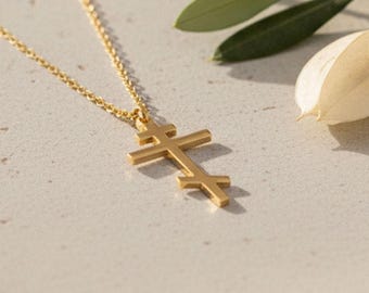 Gold Delicate Orthodox Cross Necklace: Three Bar Cross Necklace, Christian Baptism Jewelry, Russian Orthodox Cross Pendant