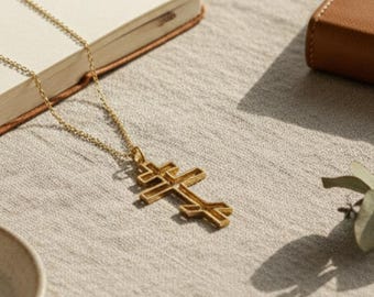Three Bar Cross Necklace: Christian Jewelry, Russian Orthodox Cross Pendant, Religious Gift, Eastern Orthodox Cross Necklace