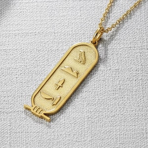 Custom Egyptian Cartouche Necklace: 14K Gold Personalized Hieroglyph Name Pendant