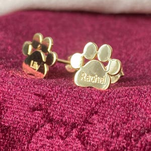 14K Gold Paw Print Name Earrings  | Custom Engraved Pet Paw Name Jewelry, Personalized Gift for Pet Lovers, Dog & Cat Mom Keepsake