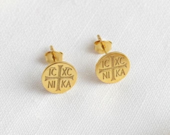 Crucifix Stud Earrings:  Gold Eastern Orthodox Earrings, IC XC Religious Gift