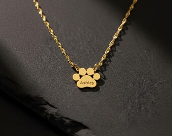 Paw Print Name Necklace:  Gold Custom Pet Memorial Jewelry