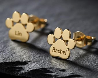 Individuelle Pfotenabdruck Ohrringe: Gold gravierte Pfotenabdruck Namen Ohrringe, personalisierte Pfotenohrringe, Haustier Mutter Geschenk, Haustier Erinnerung Ohrstecker