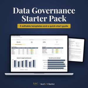 May include: A Data Governance Starter Pack featuring 4 editable templates and a quick start guide. A laptop screen displays a Data Quality Dashboard with charts and tables, while a tablet shows a Data Governance Policy document.
