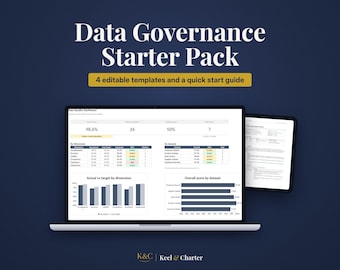 May include: A Data Governance Starter Pack featuring 4 editable templates and a quick start guide. A laptop screen displays a Data Quality Dashboard with charts and tables, while a tablet shows a Data Governance Policy document.