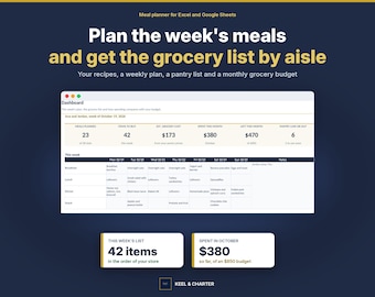 May include: A digital meal planner for Excel and Google Sheets featuring a dashboard with a weekly meal schedule, grocery list, and budget tracker. Text includes Plan the week's meals and get the grocery list by aisle, Keel & Charter.