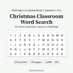 Op de afbeelding: Een printbare kerst-woordzoeker set voor groep 4 tot en met 7, met 20 puzzels verdeeld over 26 pagina's in Letter en A4-formaat. De tekst luidt: PRINTABLE CLASSROOM SET, GRADES 2 TO 5, Christmas Classroom Word Search, 20 word searches, easy to challenge.