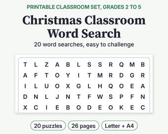 Könnte beinhalten: Ein druckbares Weihnachts-Wortsuchrätsel-Set für die Klassen 2 bis 5, mit 20 Rätseln auf 26 Seiten in den Formaten Letter und A4. Der Text lautet: PRINTABLE CLASSROOM SET, GRADES 2 TO 5, Christmas Classroom Word Search, 20 word searches, easy to challenge.