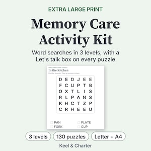 Op de afbeelding: Een geheugenzorg activiteitenkit met extra grote letters, voorzien van woordzoekers in drie niveaus en een Let's talk-box bij elk puzzel. De kit bevat 130 puzzels in Letter- en A4-formaat, merk Keel & Charter, met een voorbeeldpuzzel In the Kitchen.