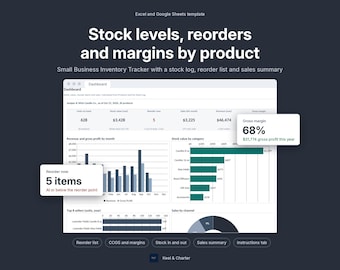 May include: An Excel and Google Sheets template for small business inventory tracking. The dashboard displays stock levels, reorder points, and margins with charts, graphs, and data tables. Text includes Stock levels, reorders and margins by product.