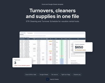 Airbnb Cleaning Schedule and Turnover Tracker, Supplies Inventory, Cleaner Pay Log, Printable Checklist, Vacation Rental Spreadsheet